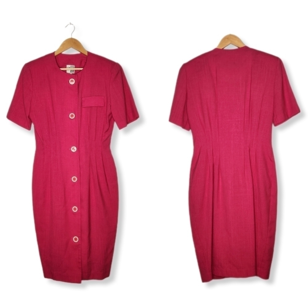 Vintage 80s Hot Pink Button Front Textured Career Sheath Dress